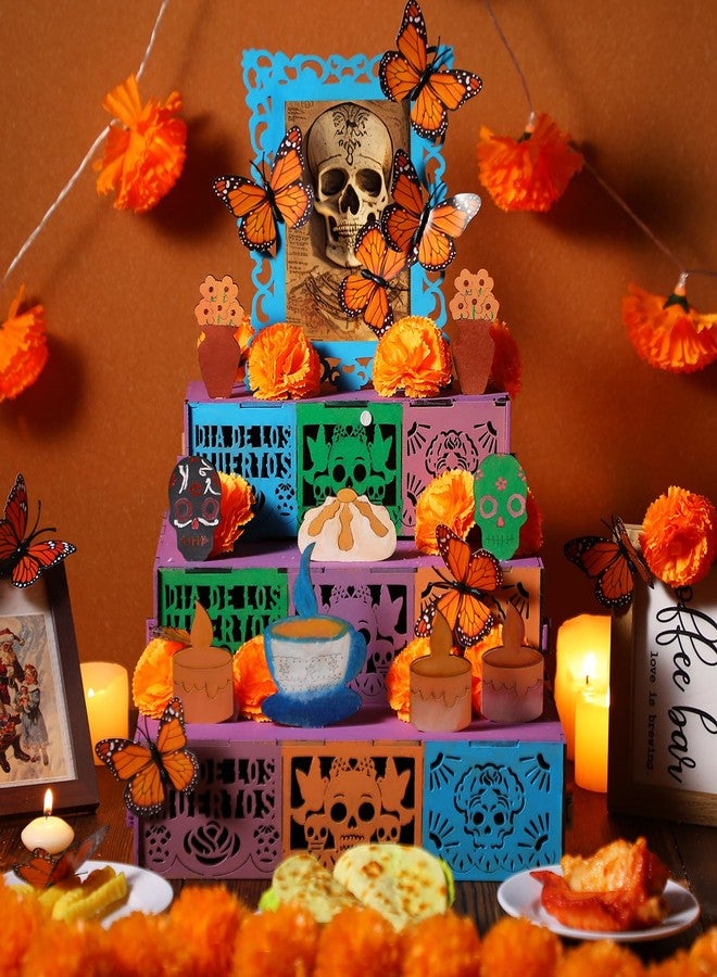 Colingmill 34 Pcs Dia De Los Muertos Decorations Day of the Dead Altar Kit Dia De Los Muertos Altar Ofrenda Shadow Box Wooden Included 6 Inch Marigold Garland with Light Flower Butterfly (Classic) - Image 2